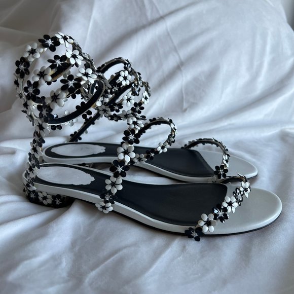 Rene Caovilla White Black Floral Strappy Flat Sandal Size EU38.5 US8.5 - Picture 5 of 16